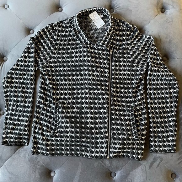 Moto Style Houndstooth Print Sweater Jacket - Picture 1 of 8